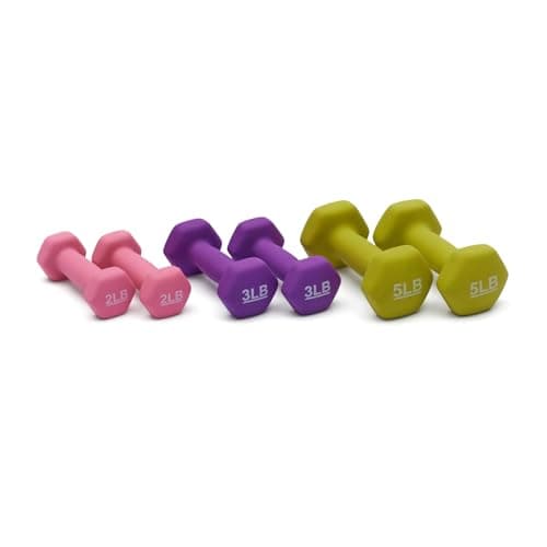 Amazon Basics Neoprene Dumbbell Hand Weights with Stand, Rack with 3 Pairs (2, 3, and 5 pound), Non-Slip Hexagon, Pink/Purple/Green