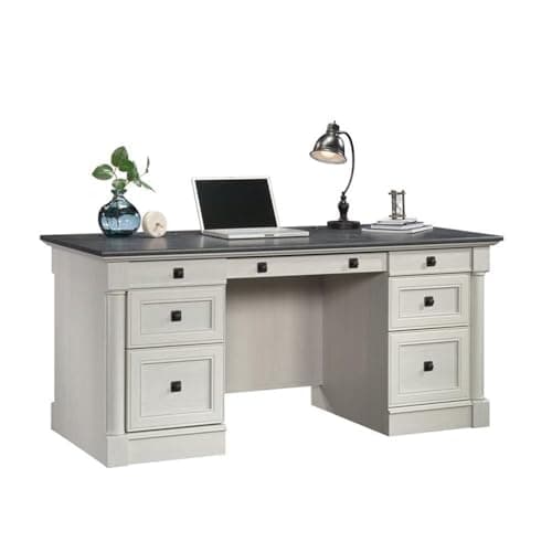 Sauder Palladia Office Desk with Drawers, Executive Desk with File Cabinet Storage, Cable Management, Keyboard Tray, in Glacier Oak Finish — view 3