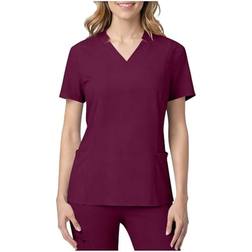 Women Medical Scrub Tops with Notch V Neck Short Sleeve High Elastic Scrubs Classic Lightweight Breathe Nurse Uniform Wine Medium