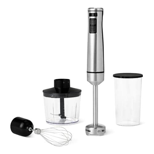 Amazon Basics 500 Watt Multi-Speed Immersion Hand Blender with Attachments, Corded, Silver