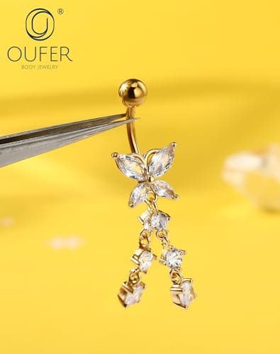 OUFER Gold Belly Button Ring – 5PCS Surgical Steel Belly Rings for Women, 14G Dangle Navel Piercing Jewelry Piercing Nombril with CZ Butterfly Flower Teardrop Barbell for Beach Festival — view 8