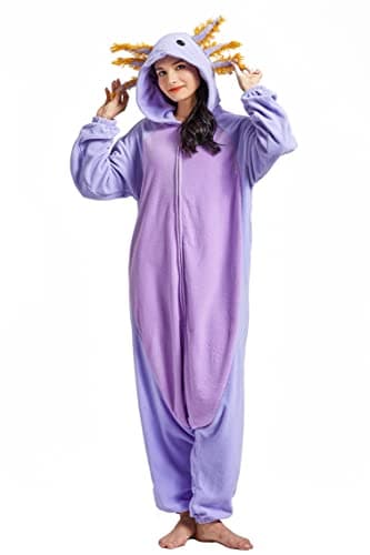 DELEY Unisex Axolotl Costume Adult Onesie, One Piece Pajamas, Halloween Cosplay Costumes Homewear Jumpsuit,Animal Onesie, Lavender, Large — view 2