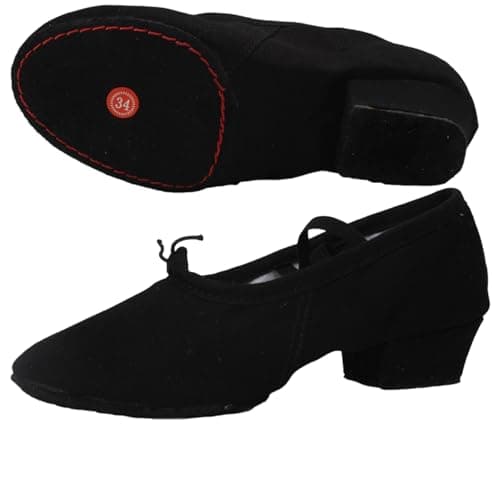 Women Latin Dance Shoes Canvas Ballroom Character Teacher Shoe Chunky Low Heel Comfy Dancing Loafers（Black，9) — view 6