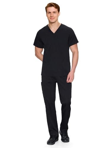 Scrubs for Men Set - V-Neck Scrub Top and Straight Leg Pants with 11 Pockets, Elastic Drawstring Men Scrubs set, Black, M