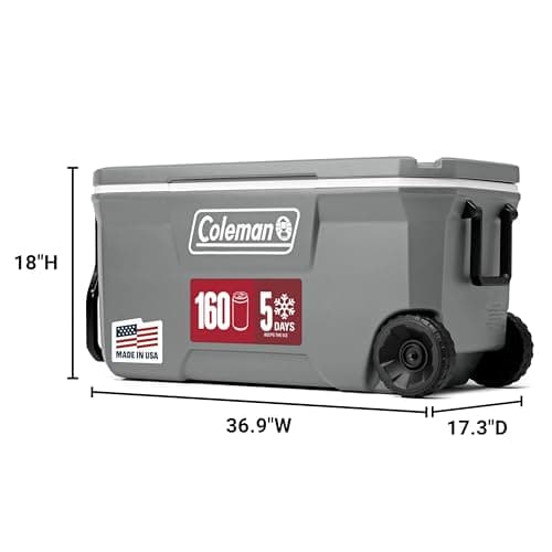 Coleman Classic Series Insulated Portable Rolling Cooler with Wheels, Leak-Resistant Outdoor Hard Cooler Keeps Ice up to 5 Days, 100-Quart