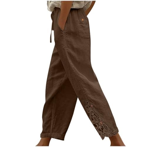 TXGMNA Womens Summer Linen Capri Pants 2026 Fashion Lace Embroidery Splicing Lightweight Boho Beach Capris with Pocket Coffee