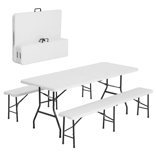 6 FT White Picnic Folding Table Set with 2 Benches, Portable Patio Dining Sets for Backyard, Lawn, Event, Party, Camping
