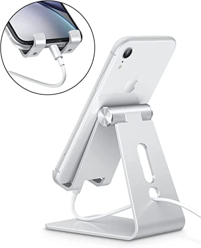 Adjustable Cell Phone Stand, OMOTON C2 Aluminum Desktop Phone Holder Dock Compatible with iPhone 17/16/15/14 Pro Max/Pro/Air and Other Smart Phones, Silver — view 3