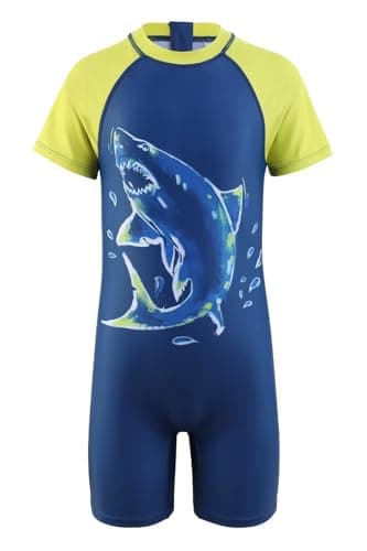 Qterdiz Boys Rash Guard Swimsuits, One Piece Short Sleeve Swim Shirts Summer Bathing Suit Swimwear for Kids Big Shark Size 7/6-7 Years