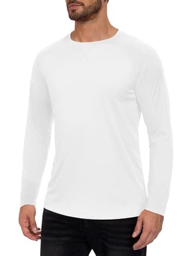 TUREFACE Men's UPF 50+ UV Protection Long Sleeve T-Shirt Quick Dry No Chafe Rash Guard for Hiking Fishing Running White X-Large