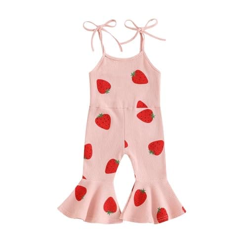 Toddler Baby Girl Romper Overalls Outfit Plaid Jumpsuit Floral Strawberry Birthday Flare Pants Summer Clothes (B5 Strawberry Pink, 12-18 Months)