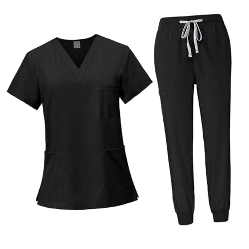 YIJU Female Scrub Set Nurse Workwear V Neckline Professional Machine Washable Top and Joggers Pant Work Clothing for Beauty Center, Black, L — view 5