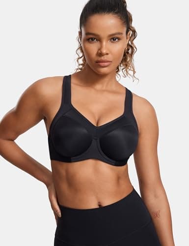 SYROKAN Women's Full Support High Impact Racerback Lightly Lined Underwire Sports Bra Solid Black 36G