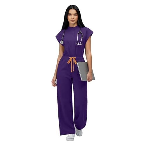 VIAOLI Women's Medical Scrub Jumpsuit - Mandarin Collar, with Drawstring Waist for Nursing Uniforms (S,Grape Purple)