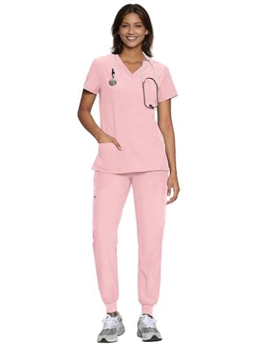 floralhue Scrubs for Women, Women's Medical Scrub Sets, V-Neck Scrubs Top & Cargo Pants with 12 Pockets, Pink Rose, M — view 5