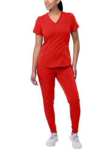 Adar Pro Modern Athletic Scrub Set For Women - Modern V-Neck Scrub Top & Yoga Jogger Scrub Pants - P9500 - Apple - XL