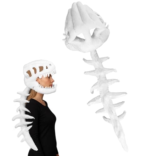 3D Dinosaur Skeleton Costume, Vivid Spine Extension & Skull Mask Wearable Outfit for Halloween Dino Cosplay (White)