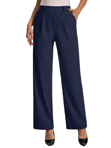Feiersi Womens Dress Pants Wide Leg Pull On Stretchy Work Pants High Waisted Business Trousers with Pockets(Navy Blue,Large)