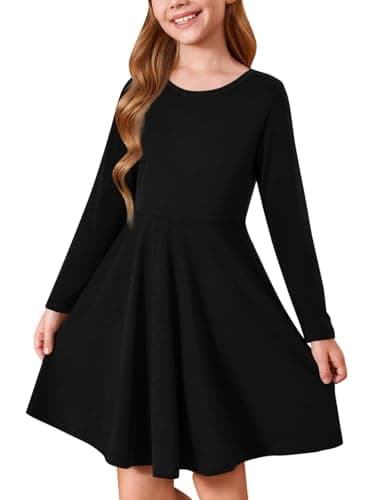 Haloumoning Girls Long Sleeve T-Shirt Dresses Kids Fall A-Line Twirly Skater Dresses 5-14 Years, Black, 9-10 Years
