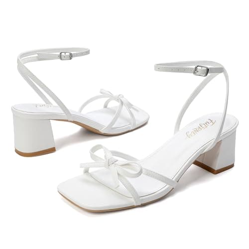 FUTJRNEY Women's Bow Strappy Heels Block Chunky Square Open Toe Low Heels Dress Sandals for Wedding Party(8,White) — view 3