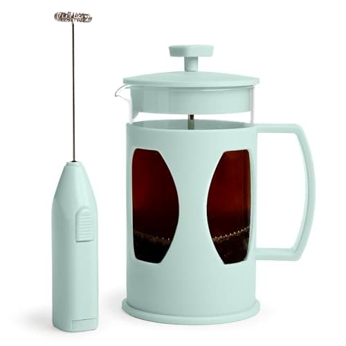 Tasty French Press and Frother Coffee Gift Set, Includes a 4.5-Cup Coffee Press and Battery Operated Handheld Milk Frother, Perfect for French and American Style, 2-Piece Set, Aqua