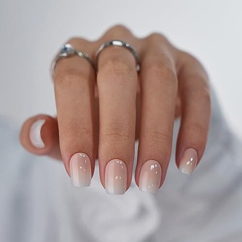 BTArtbox Square Ombre Press On Nails -Soft Gel Press On Nails Short with Nail Glue, 16 Sizes - 32 Reusable Fake Nails Kit, Vanilla Cream