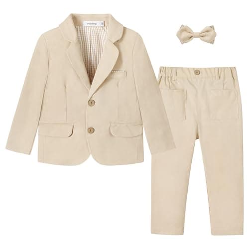Volunboy Toddler Suit Baby Boy 2 Piece Formal Tuxedo Boys Cotton Linen Gentleman Outfit (LightKhaki, 3-4T)