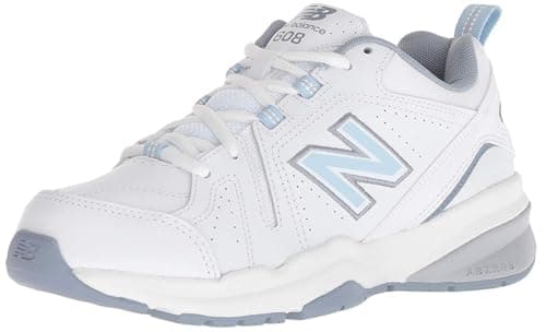 New Balance Women's 608 V5 Casual Comfort Cross Trainer, White/Light Blue, 8.5 W US