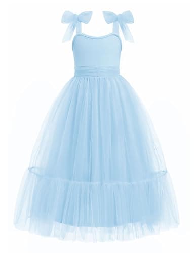 Arshiner Girls Dresses Summer Sleeveless Bow-Tie Straps Birthday Party Long Tulle Dress Light Blue Tween 9-10 Years