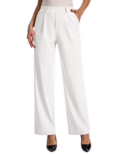 Feiersi Womens Dress Pants Wide Leg Pull On Stretchy Work Pants High Waisted Business Trousers with Pockets(White,Large)
