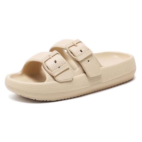 GETOEU Cloud Slides for Women and Men Adjustable Double Buckle Pillow Slides Slip Resistant Shower Shoes Recovery Slide Sandals Cushion Platform Heel Pillow Slippers Comfort Indoor and Outdoor Slide,Beige