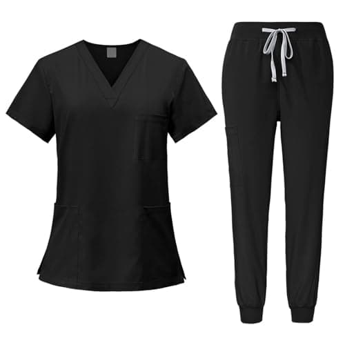 YIJU Female Scrub Set Nurse Workwear V Neckline Professional Machine Washable Top and Joggers Pant Work Clothing for Beauty Center, Black, L