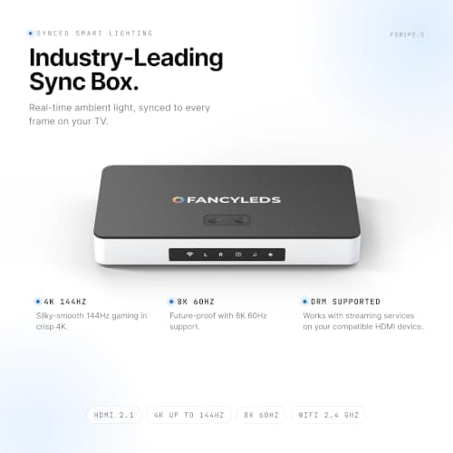 Fancyleds 2.1 Fancy Sync Box Streaming Media Player TV LED Synced Backlight with HDMI 2.1, 4K 120Hz, 144Hz, 8K 60Hz, VRR, ALLM, 96 RGBW LEDs Per Meter Ambient Lighting (for 24" to 55" TVs)
