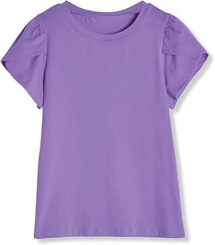 Haloumoning Girls' Summer T Shirts Crewneck Petal Short Sleeve Cute Casual Tops, Purple, 5-6 Years — view 2