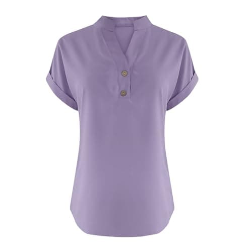 Linen Shirts for Women V Neck Button Up Shirt Short Sleeve Loose Fit Lightweight Blouses Casual Summer Beach T-Shirt Purple — view 4
