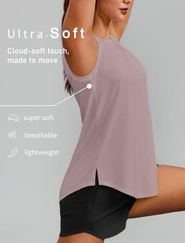 PINSPARK Workout Tops for Women Sleeveless Athletic Tank Tops UPF 50+ Running Tanks with Side Slits Loose Fit Gym Yoga Shirt, Warm Ash Grey, X-Large — view 3