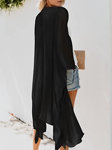 MayBuy Women's Summer Long Flowy Kimono Cardigans Boho Chiffon Beach Cover Up Tops, 002 Black, Large — view 5