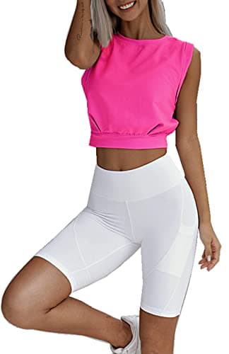 Arrive Guide Crop Top Athletic Shirts for Women Cute Sleeveless Yoga Tops Running Gym Workout Tshirts, Hot Pink, Small — view 3