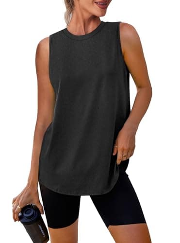 Crewneck Tank Tops for Women Lightweight Sleeveless Athletic Muscle Shirt Sports Tops Quick Dry Breathable Workout Running Tennis Yoga Gym Training Active Wear Soft Stretchy Fitness Black 2XL
