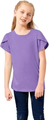 Haloumoning Girls' Summer T Shirts Crewneck Petal Short Sleeve Cute Casual Tops, Purple, 5-6 Years — view 4