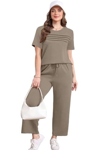 2 Piece Set for Women Summer Outfits 2026 Cruise Vacation Spring Fashion Lounge Sets Short Sleeve Matching Sets Women's Clothing Workout Wide Leg Crop Pants Travel Airport Sweat Set Easter Outfit S — view 2