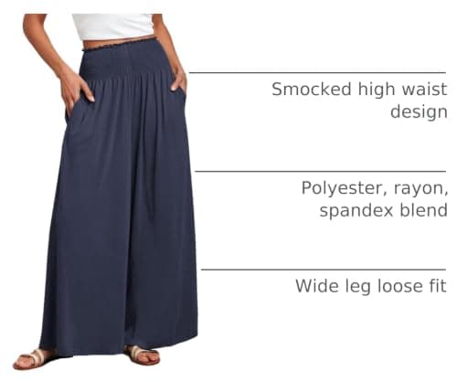 ANRABESS Women Palazzo Pants Summer Boho Bagyy Wide Leg High Smocked Waist Casual Loose Lounge Pant with Pocket Deep Blue Medium — view 3