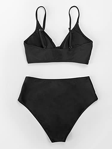 CUPSHE Women's Bikini Sets Two Piece Swimsuit High Waisted V Neck Twist Front Adjustable Spaghetti Straps Bathing Suit, M Black — view 3