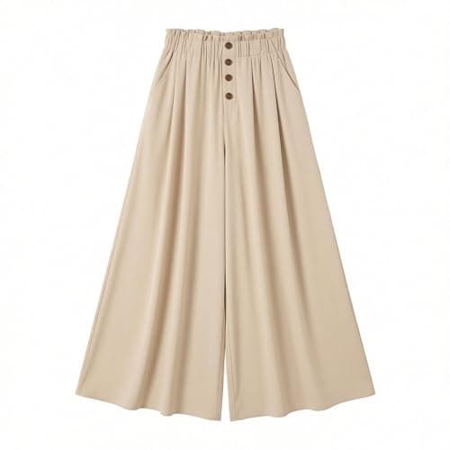 Palazzo Pants Women Summer Elastic High Waisted Wide Leg Flowy Pants for Beach Vacation Comfy Trousers with Pockets Beige — view 2
