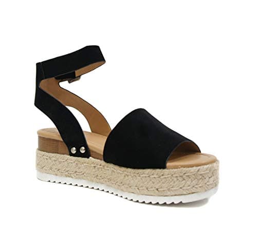 Soda Topic Open Toe Buckle Ankle Strap Espadrilles Flatform Wedge Casual Sandal (Black, 8) — view 3