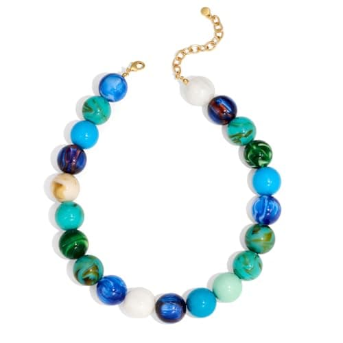 FAUTHENTICUTE Blue Beaded Choker Necklace for Women Boho Chunky Statement Necklace with Blue and Green Round Resin Beads Summer Beach Jewelry Gifts