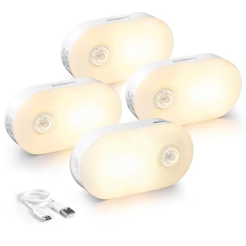 Lyridz Rechargeable Battery Night Light with Motion Sensor, Stick on Anywhere, 1-20LM Dimmable LED Nightlights for the Bedroom, Bathroom, Living Room, Kitchen, Stairs, Hallway, 4-Pack