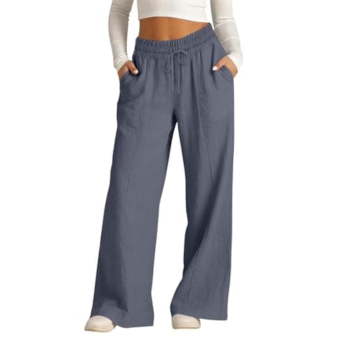 Rseomihvy Women's Cotton Linen Pants Summer Straight Wide Leg Trousers Drawstring Elastic Waist Loose Beach Vacation Outfits Dark Gray
