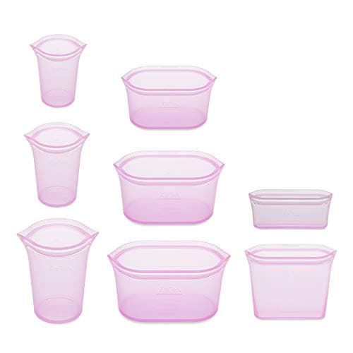 Zip Top Reusable 100% Silicone Food Storage Bags and Containers - Full Set- 3 Cups, 3 Dishes & 2 Bags - Lavender