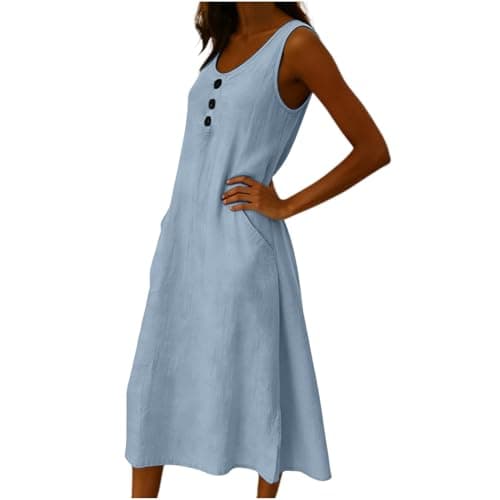 Frostluinai Sun Dresses Women Trendy 2026 Linen Midi Dresses for Women Summer Solid Boho Beach Dress Crew Neck Sleeveless Sundresses with Pockets Light Blue — view 4